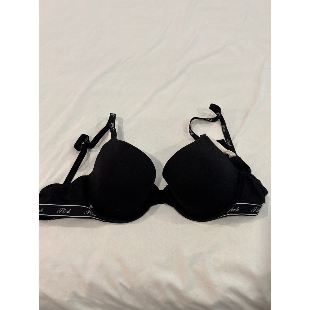 Victoria's Secret PINK Wear Everywhere Push-Up Bra Black Logo Straps 36C